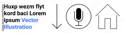 Audio technology, smart home, communication, voice recording, navigation, multimedia. Black microphone icon with arrow and house symbol. Audio technology and smart home concept