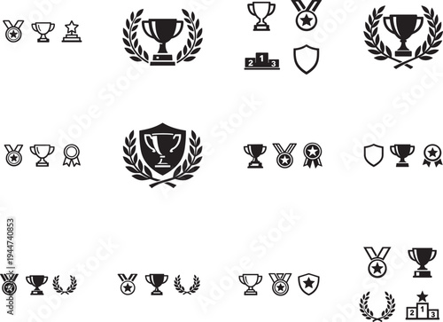 Minimalist sport trophy and award icons set with medals cups shields laurels outline vector symbols.