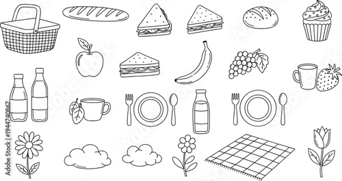 Hand-drawn picnic elements including food, drinks, and outdoor items in a simple line art style