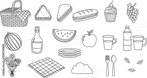 Collection of hand-drawn picnic elements including food, drinks, and accessories