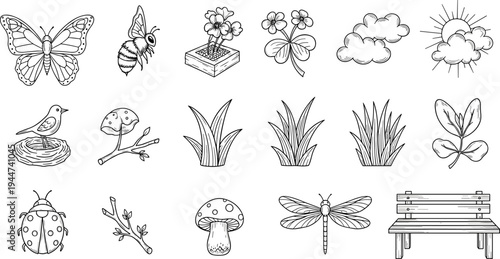 Collection of hand-drawn nature elements including insects, plants, and weather icons
