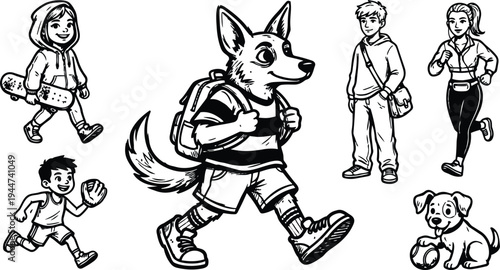 Vector cartoon fox child walking with backpack center surrounded by skateboard girl running boy jogging standing teen and playful puppy
