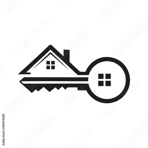 Real Estate Key Logo - Minimalist House Silhouette Integrated with Key for Property Access and Mortgage Branding