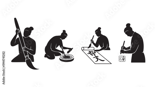 Vector Illustration Of Four People Engaged In Traditional Chinese Calligraphy For Art And Cultural Heritage Concept