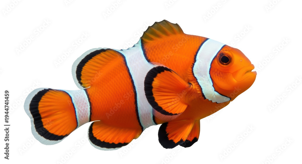 Obraz premium Orange clownfish PNG isolated on transparent background, vibrant tropical reef fish with distinctive white stripes for marine life designs