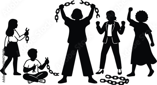 Silhouette vector showing diverse women breaking chains raising fists in solidarity close up composition empowerment protest strong contrast bold graphic