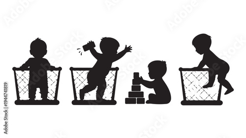 Vector Illustration Of Silhouette Babies Playing In Shopping Baskets For Retail And Childhood Concepts