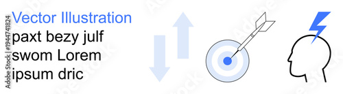 Business strategy, decision-making, analytics, focus, solution brainstorming, innovation. A target with arrows, head icon with lightning bolt and placeholder text. Business strategy