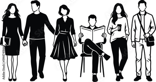 Flat silhouette group of people holding hands reading newspaper carrying coffee bag casual urban street scene with modern neutral lighting