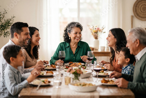 Senior Latina woman presiding over joyful family meal at home gathering