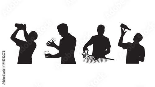Vector Silhouette Illustration Of Four Men Drinking From Bottles And Glass In Different Actions For Addiction And Substance Abuse Concept