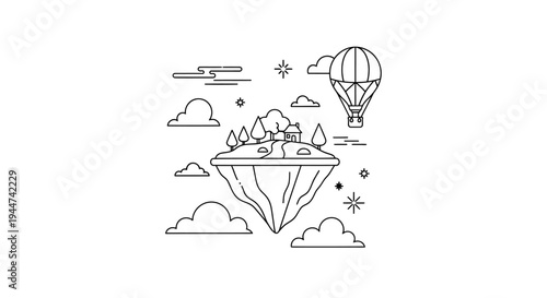 Floating Island with Mountains and Clouds.