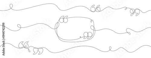 Continuous one line art quote frame. Hand drawing rectangle text box with quotation marks. Vector doodle minimal linear empty speech bubble silhouette. Outline simple rectangle dialog icon with quotes