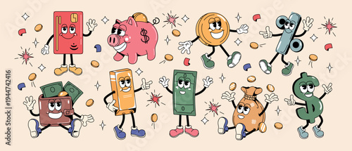 Cartoon retro groovy y2k money characters. Sticker set of funny piggy, wallet, coin bag, dollar bill, golden bar, credit card and percent sign with funky face. Financial literacy, business investment