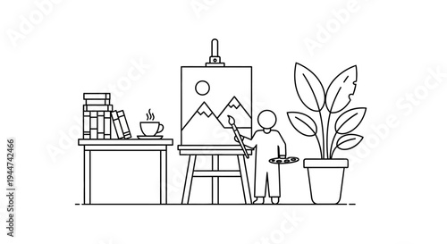 Artist Painting on Easel in Studio.