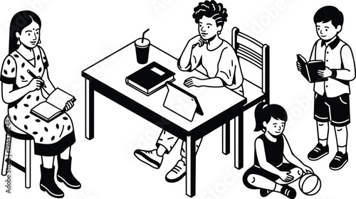 Line art isometric study scene with woman and three children reading writing using tablet and playing beside table black white