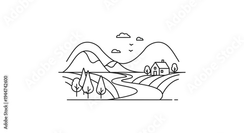 Black line drawing of rural landscape.