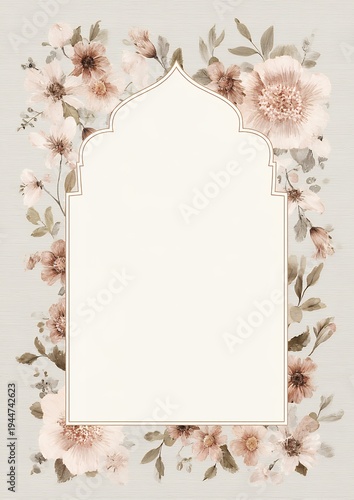 floral frame invitation with arch shape and light background