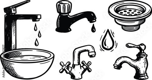 Line art close up hand drawn faucet and sink bowl with dripping water drops front view sketch style black white