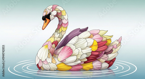 Colorful swan made of tulip petals floating on water with ripples gradient background