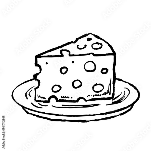 Cheese slice ink doodle, hand drawn dairy food sketch, organic cheese piece plate border set. Snack farm product illustration, milk appetizer kitchen decor, gourmet piece line art.