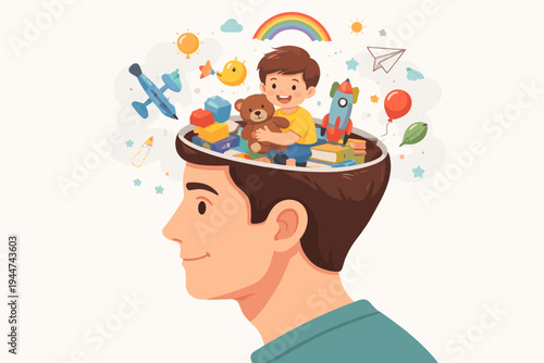 Concept of the inner child and subconscious mind of an adult man shown as a happy young boy playing with toys inside his head, flat vector illustration of childhood memories and imagination.