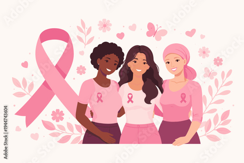 Breast Cancer Awareness Month Banner with Diverse Women Smiling and Hugging, Pink Ribbon Symbol, Health Support Group, Oncology Prevention, Empowerment and Solidarity Flat Vector Illustration.