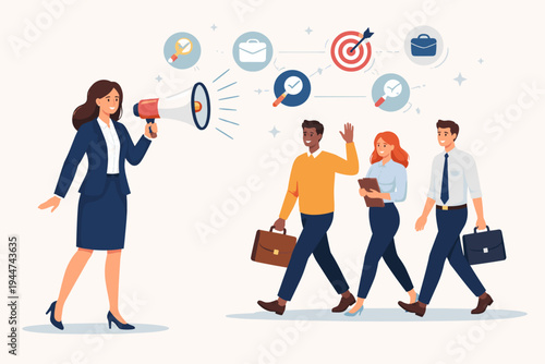 Business Woman Speaking Through Megaphone Recruiting New Employees and Job Seekers for Career Opportunities, Human Resources Recruitment Concept with Diverse Professional Team Flat Vector Illustration