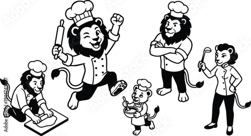 Line art joyful lion chef family preparing food with rolling pin mixing bowl low angle close up playful scene vector