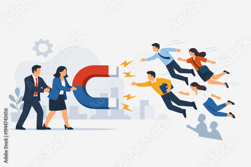 Business Managers Using a Large Magnet to Attract and Recruit New Talented Employees and Job Seekers, Talent Acquisition and Human Resources Strategy Concept, Modern Flat Vector Illustration