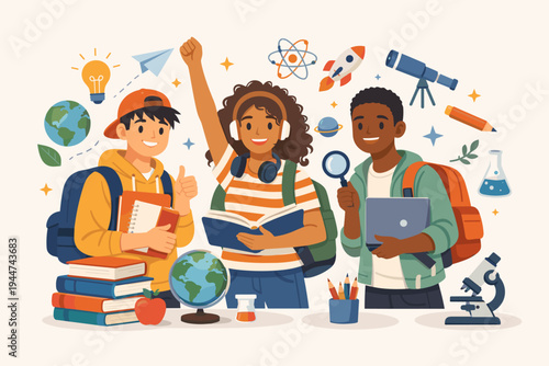 Diverse group of happy teenagers ready for back to school and international education, students with backpacks, books, laptop, globe, and science tools for learning, discovery and knowledge.