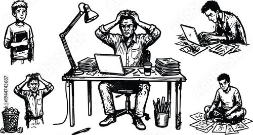 Line art comic style stressed man at cluttered desk holding head surrounded by students studying and frustrated artists and papers and cup