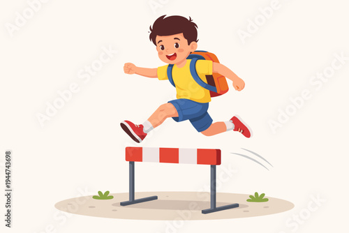 Happy schoolboy with an orange backpack jumping over a red and white hurdle race obstacle. Concept of overcoming challenges, student achievement, and physical education in flat vector style.