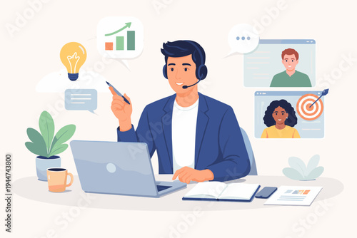 Professional Business Advisor and Life Coach Conducting an Online Mentorship Session via Video Call with Diverse Clients, Featuring Laptop, Headset, and Icons for Ideas, Growth, and Targets.