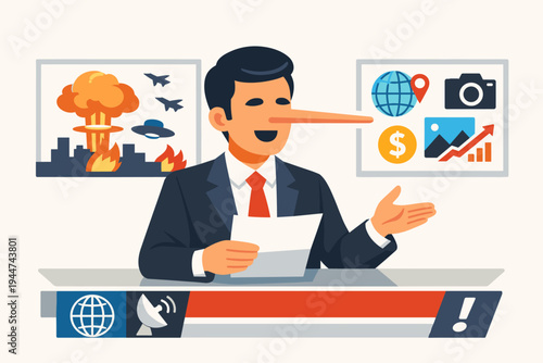 News Presenter with Long Pinocchio Nose Reporting Fake News and Misinformation on TV, Vector Illustration of Media Manipulation, Propaganda, Falsehoods, and Dishonest Journalism Concept.