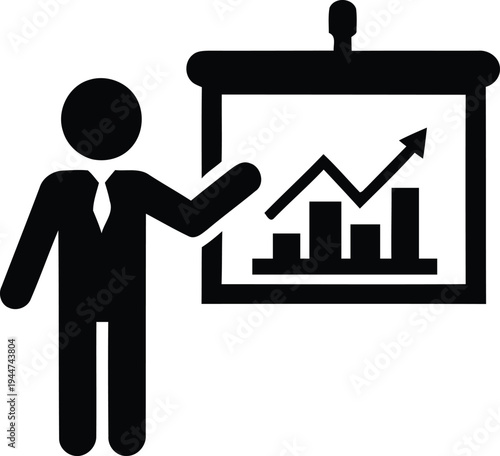 Icon of a businessman presenting a bar chart and line graph businessman, presentation, board, chart