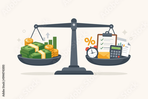 Financial Balance Vector Illustration of a Scale Weighing Money and Profits Against Taxes, Bills, Time, and Accounting Tasks. Concept of Business Management, Investment, and Economic Stability.