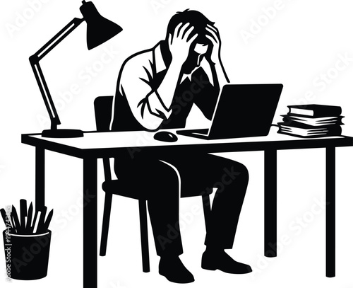 Minimalist silhouette vector close up stressed man holding head at desk with laptop papers lamp office work scene black white