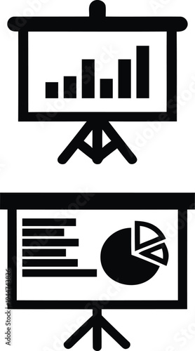 Presentation board with bar chart and pie chart icons on white presentation, board, chart