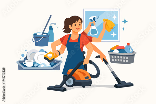 Multitasking Woman Housewife or Professional Cleaner with Multiple Arms Performing Various Household Chores Simultaneously like Vacuuming, Washing Dishes, Laundry, and Cleaning Windows Illustration