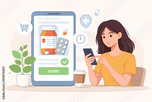 Vector illustration of a smiling woman using a smartphone app to order prescription medicine online from a digital pharmacy with icons for health, delivery, and shopping on a large screen.