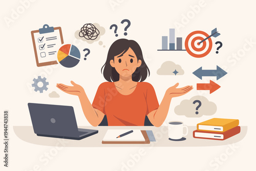 Flat vector illustration of a confused woman at a desk feeling overwhelmed by unclear project objectives, messy data, and conflicting goals, surrounded by icons of charts, checklists and tasks.
