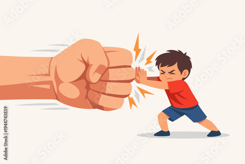 Brave Small Boy Fighting Back Against a Giant Fist to Protect Himself from Domestic Violence and Abuse, Vector Illustration Symbolizing Child Resilience, Courage, and Strength in Face of Adversity.