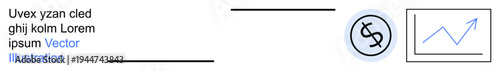 Financial growth, business analysis, stock market trends, revenue increase, economic data, budgeting strategies. A dollar sign entwined in a circle and an arrow graph. Financial growth and business