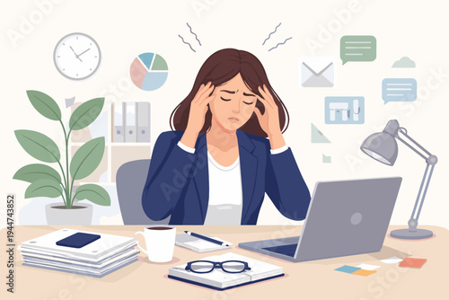 Stressed Businesswoman Sitting at Office Desk Feeling Overwhelmed with Heavy Workload and Headache, Flat Vector Illustration of Burnout, Anxiety, and Professional Pressure in Modern Workplace