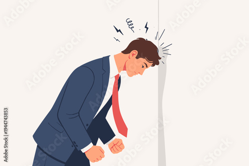 Stressed Businessman in a Suit Banging His Head Against a Wall in Frustration and Despair, Clenched Fists, Professional Burnout, Work Pressure, Mental Health, Flat Vector Illustration Design.