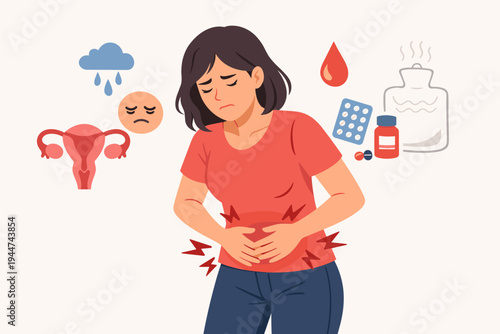 Vector Illustration of a Young Woman Suffering from Severe Menstrual Cramps and PMS Symptoms, Holding Her Abdomen in Pain with Icons for Uterus, Mood Swings, Medication, and Hot Water Bottle Relief.