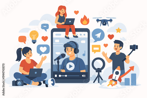 Flat vector illustration of diverse content creators and bloggers posting trending videos on social media. Young people using laptops, cameras, drones, and microphones for vlogging and marketing.