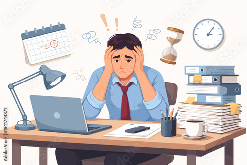 Stressed Businessman Sitting at Office Desk with Laptop and Piles of Paperwork Feeling Overwhelmed by Tight Deadlines and Time Pressure, Flat Vector Illustration of Work Burnout and Anxiety.