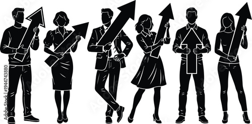 Silhouette vector group of six professionals holding upward arrows wearing business attire in confident forward looking poses monochrome minimalist composition